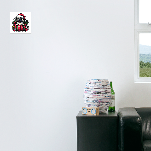 Pug In Present Dog Christmas Festive Santa Hat by Frank Ring